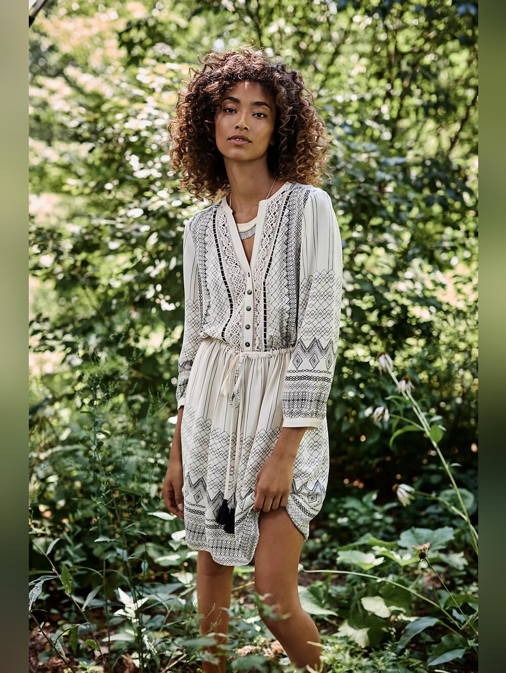 Anthropologie Floreat Boho Embroidered Cream Button-Front Mini Dress
